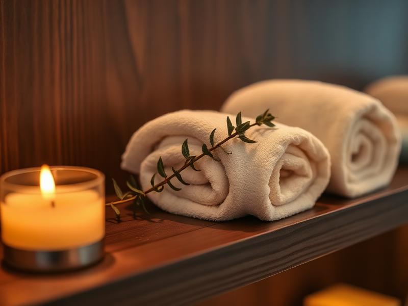 Rolled spa towels with candlelight